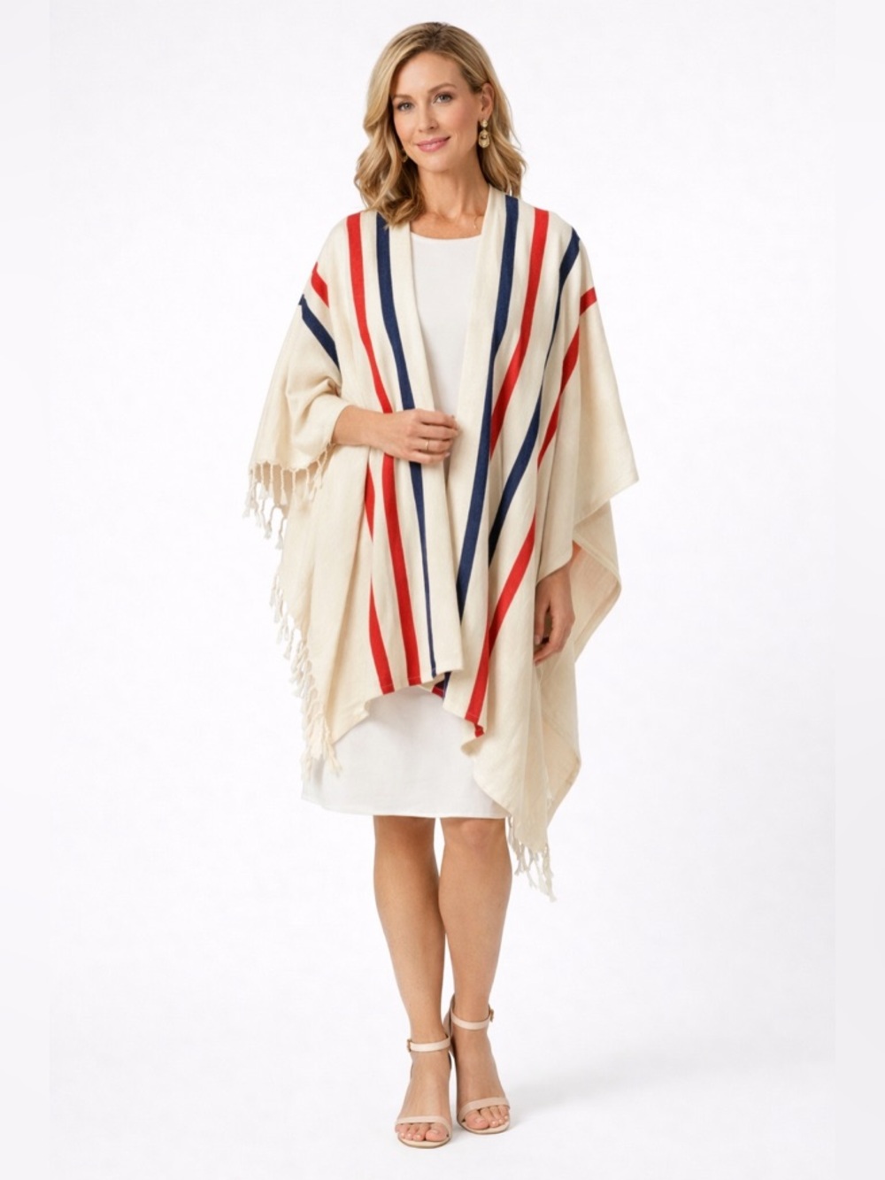 J.McLaughlin Women Cream Red Navy‎ Stripe Poncho